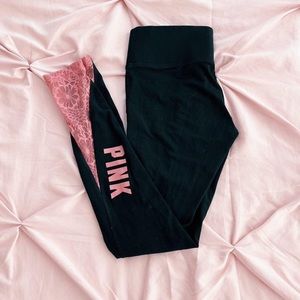 Black Victorias Secret PINK leggings with blush pink lace trim